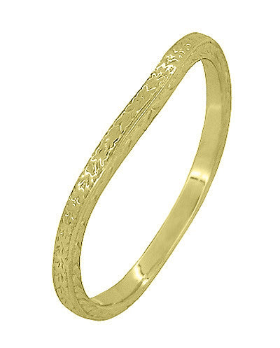 14 Karat Yellow Gold Art Deco Engraved Wheat Contoured Thin Wedding Ring - Item: R1166Y - Image: 2