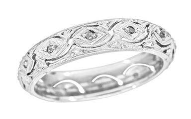 Vintage Edwardian Crescent Scalloped Filigree Gray Diamond Wedding Band in Platinum - Size 8 3/4