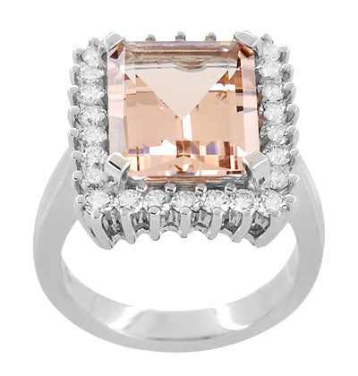 1950's Retro Ballerina Emerald Cut Morganite Ring with Diamonds in 18 Karat White Gold - Item: R1176MW - Image: 3