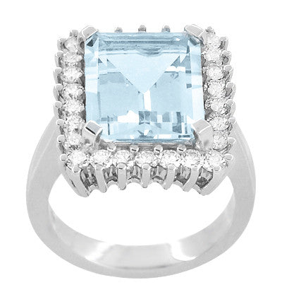 Mid Century Modern Emerald Cut 6.2 Carat Aquamarine Ballerina Ring with Diamonds in 18 Karat White Gold - Item: R1176WA - Image: 3