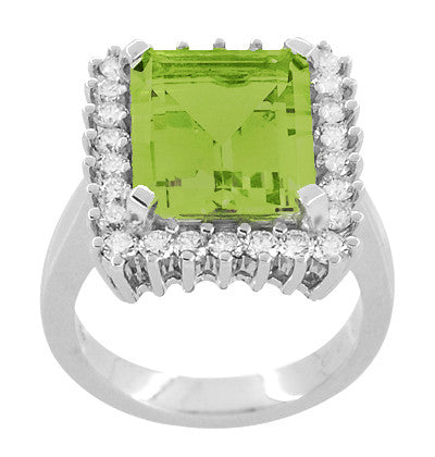 1950's Large Emerald Cut Peridot Cocktail Ring Framed with Diamonds on All Sides in 18K White Gold - R1176WPER