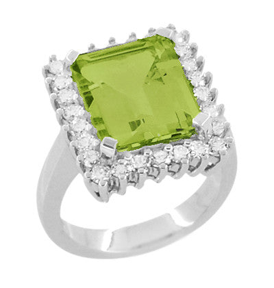 1950's Vintage Large Emerald Cut Peridot Statement Ring with Side Diamonds in 18K White Gold - R1176WPER