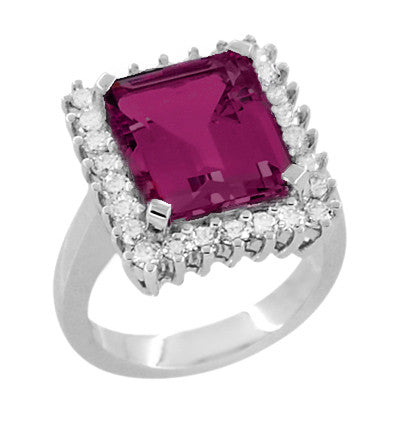 Emerald Cut Rubellite Tourmaline Ballerina Ring with Diamonds in 18 Karat White Gold