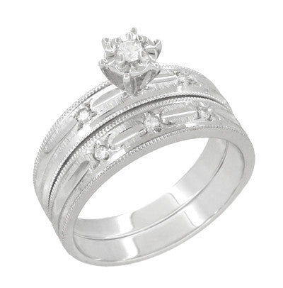 Starburst 1960's Diamond Engagement Ring and Wedding Band Set in 14 Karat White Gold - Item: R1184 - Image: 2