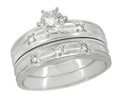 Starburst 1960's Diamond Engagement Ring and Wedding Band Set in 14 Karat White Gold