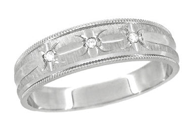 Starburst Diamond Set Wedding Band Ring in 14 Karat White Gold