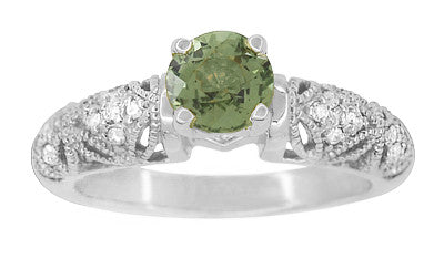 Art Deco Filigree Charlene Green Sapphire Engagement Ring with Side Diamonds in 14 Karat White Gold - Item: R1190WGS - Image: 3