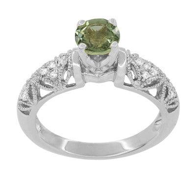 Art Deco Filigree Charlene Green Sapphire Engagement Ring with Side Diamonds in 14 Karat White Gold - Item: R1190WGS - Image: 4