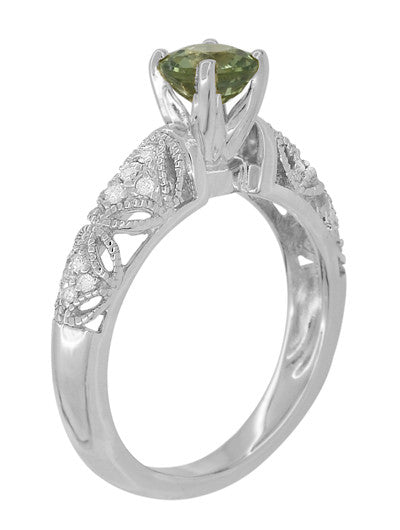 Art Deco Filigree Charlene Green Sapphire Engagement Ring with Side Diamonds in 14 Karat White Gold - Item: R1190WGS - Image: 6