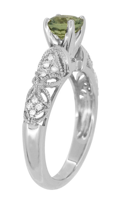 Art Deco Filigree Charlene Green Sapphire Engagement Ring with Side Diamonds in 14 Karat White Gold - Item: R1190WGS - Image: 7