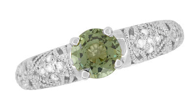 Art Deco Filigree Charlene Green Sapphire Engagement Ring with Side Diamonds in 14 Karat White Gold - Item: R1190WGS - Image: 8