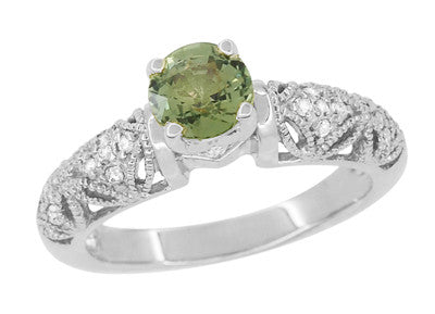 Art Deco Filigree Charlene Green Sapphire Engagement Ring with Side Diamonds in 14 Karat White Gold - Item: R1190WGS - Image: 2
