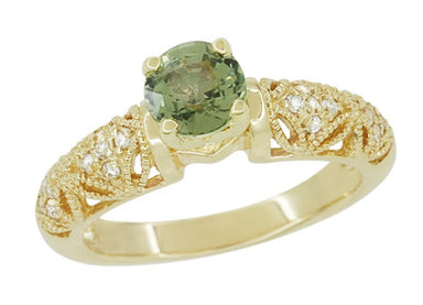 Art Deco Charlene Filigree Green Sapphire Engagement Ring in 14 Karat Yellow Gold with Side Diamonds - alternate view