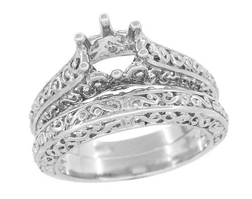 Filigree Flowing  Scrolls Edwardian Engagement Ring Setting for a 3/4 Carat Diamond in 14 Karat White Gold - Item: R1196W - Image: 7