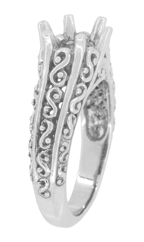 Filigree Flowing Scrolls Edwardian Vintage Style Engagement Ring Setting for a 1.25 - 2.00 Carat Diamond in 14 Karat White Gold - Item: R1196W125 - Image: 3
