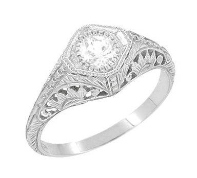 Art Deco Filigree White Sapphire Engagement Ring in 14 Karat White Gold | Low Profile
