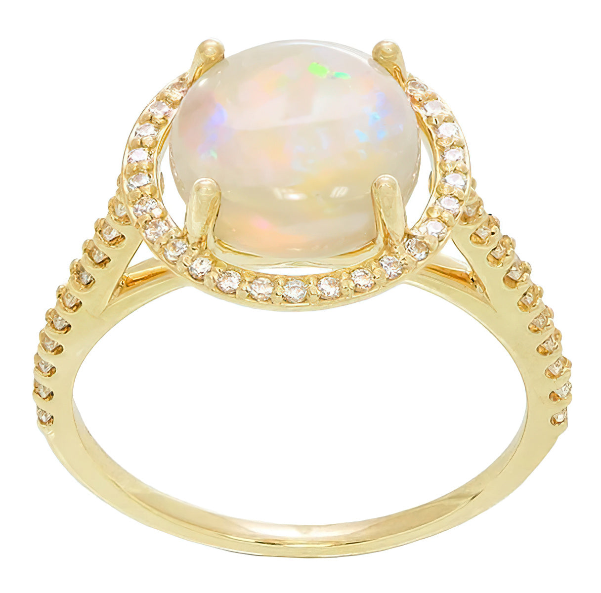 Yellow Gold Cabochon Round Opal Ring with Halo Side Diamonds - 2.60 Carat Opal - Grisey's Ring - Item: R1218Yo - Image: 3