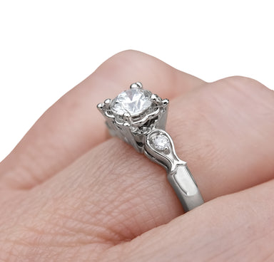Mid Century Diamond Engagement Ring with Fish Shaped Side Silhouettes in White Gold - 1/2 Carat Center Diamond in a Square Fishtail Setting - alternate view