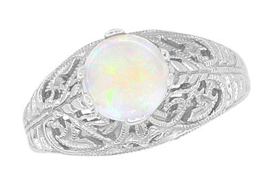 Edwardian Opal Filigree Ring in 14 Karat White Gold - Item: R137o - Image: 3