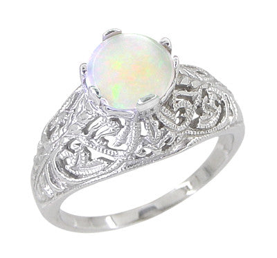 Edwardian Opal Filigree Ring in 14 Karat White Gold - Item: R137o - Image: 2