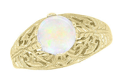 Yellow Gold Edwardian Dome Filigree Solitaire Opal Ring - Item: R137Yo - Image: 3