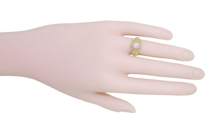 Yellow Gold Edwardian Dome Filigree Solitaire Opal Ring - Item: R137Yo - Image: 5