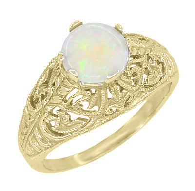 Yellow Gold Edwardian Dome Filigree Solitaire Opal Ring - Item: R137Yo - Image: 2