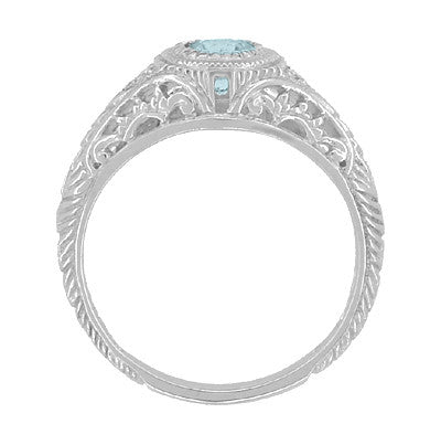 Side Filigree and Detailed Sculptural Engraving - 1920's Art Deco Antique Aquamarine Engagement Ring with a Very Low Profile Dome Design - R138A