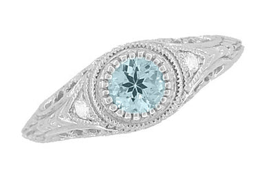 Art Deco Engraved Aquamarine and Diamond Filigree Engagement Ring in 14 Karat White Gold - alternate view