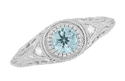 Top View of Vintage Art Deco Aquamarine Engagement Ring with Side Diamonds in White Gold with a Unique Bead Bezel Setting - R138A 