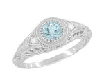 Art Deco Engraved Aquamarine and Diamond Filigree Engagement Ring in 14 Karat White Gold