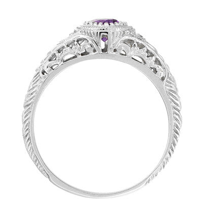 Art Deco Engraved Amethyst and Diamond Filigree Engagement Ring in 14 Karat White Gold - Item: R138AM - Image: 3