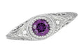 Art Deco Engraved Amethyst and Diamond Filigree Engagement Ring in 14 Karat White Gold