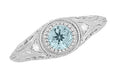 Top View of Antique 1920's Platinum Aquamarine and SIde Diamond Engagement Ring with Bead Bezel Setting - R138PA