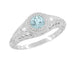 Art Deco Engraved Aquamarine and Diamond Filigree Engagement Ring in Platinum