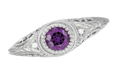 Art Deco Amethyst and Diamond Filigree Platinum Engraved Engagement Ring - Item: R138PAM - Image: 4