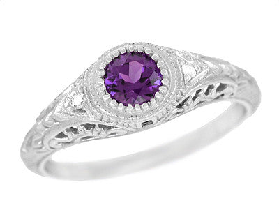 Art Deco Amethyst and Diamond Filigree Platinum Engraved Engagement Ring