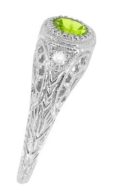 Art Deco Engraved Peridot and Diamond Filigree Ring in White Gold - Item: R138PER - Image: 4