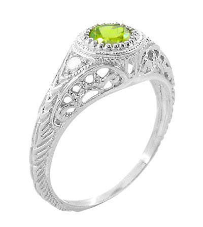 Art Deco Engraved Peridot and Diamond Filigree Ring in White Gold - Item: R138PER - Image: 2