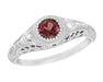 Art Deco Filigree Engraved Platinum Rhodolite Garnet and Side Diamond Engagement Ring