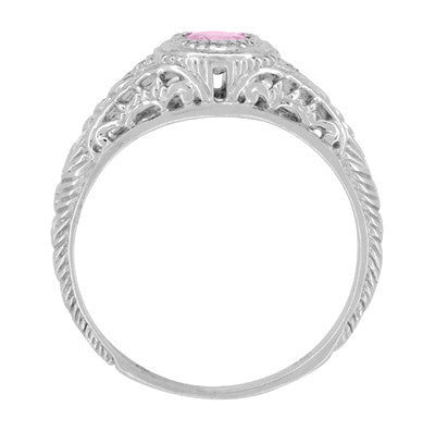 Art Deco Engraved Pink Sapphire and Diamond Filigree Engagement Ring in 14 Karat White Gold - Item: R138PS - Image: 4