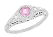 Art Deco Engraved Pink Sapphire and Diamond Filigree Engagement Ring in 14 Karat White Gold