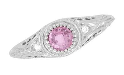 Art Deco Engraved Light Pink Sapphire and Diamond Filigree Engagement Ring in Platinum - Item: R138PSP - Image: 2