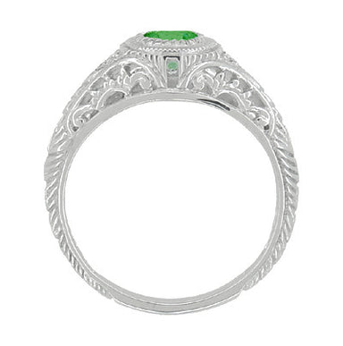 Carved Filigree Art Deco Platinum Tsavorite Garnet Engagement Ring with Side Diamonds - alternate view