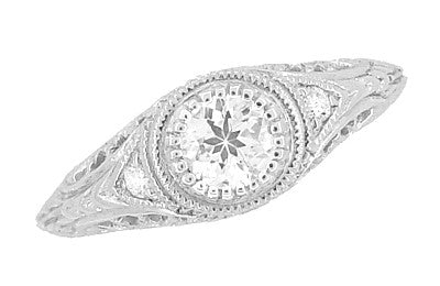Art Deco Engraved Filigree White Sapphire Engagement Ring in Platinum - Item: R138PWS - Image: 2