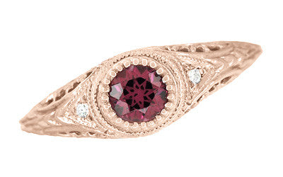 Art Deco Rhodolite Garnet and Diamonds Engraved Filigree Engagement Ring in 14 Karat Rose ( Pink ) Gold - Item: R138RG - Image: 4