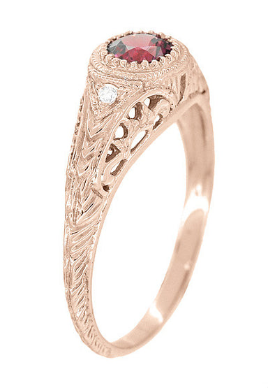 Art Deco Rhodolite Garnet and Diamonds Engraved Filigree Engagement Ring in 14 Karat Rose ( Pink ) Gold - alternate view