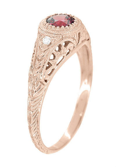 Art Deco Rhodolite Garnet and Diamonds Engraved Filigree Engagement Ring in 14 Karat Rose ( Pink ) Gold - Item: R138RG - Image: 2