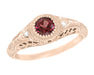 Art Deco Rhodolite Garnet and Diamonds Engraved Filigree Engagement Ring in 14 Karat Rose ( Pink ) Gold