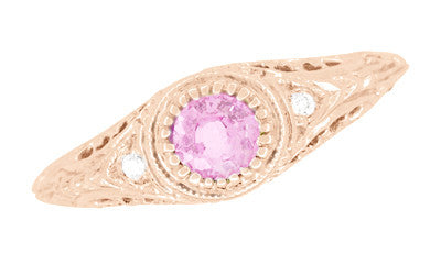 Art Deco Pink Sapphire & Diamond Low Dome Filigree Engagement Ring in 14 Karat Rose Gold - Item: R138RPS - Image: 3